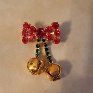 Vintage Holiday Christmas Jingle Bell Bow Pin with Rhinestones in Gold Tone